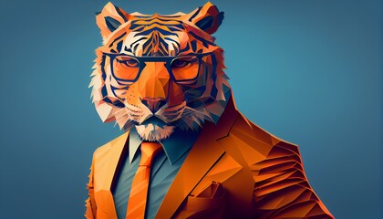 Fashion tiger in color suit with sunglasses on a solid color background, vector art, digital art, faceted, minimal, abstract, geometric. Generative AI.















