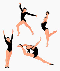 Gymnast team silhouettes set. Sport artistic gymnastics. Sports queen. Flat style. Isolated vector