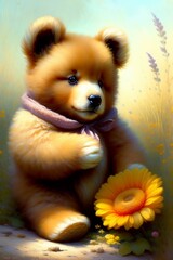 baby bear sitting with a flower