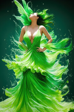 Dance of woman in green dress underwater

