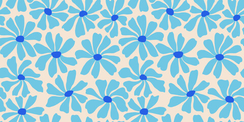 Groovy daisy flower seamless pattern. Cute hand drawn floral background.