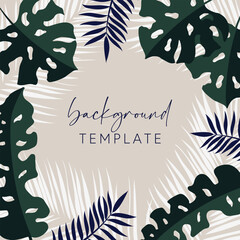 Fototapeta na wymiar Trendy abstract square templates with tropical leaves and geometric shapes. Good for social media posts, mobile apps, banner designs and online promotions and adverts. Tropical vector background.