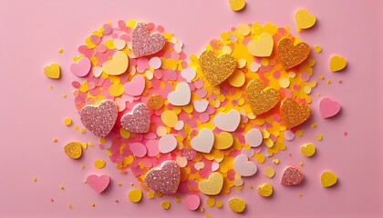 Pink and yellow hearts glitter confetti on a pink background. Generative AI.