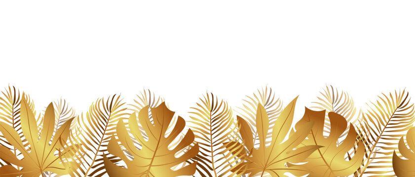 Tropical golden leaves seamless. Border frame with vector leaves