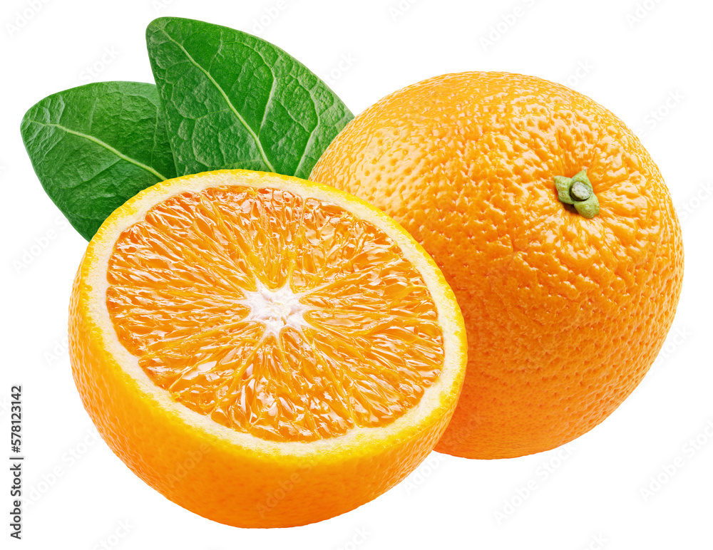 Wall mural orange citrus fruit with half and leaves isolated on transparent background. full depth of field. - Wall murals