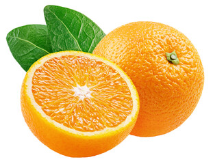 Orange citrus fruit with half and leaves isolated on transparent background. Full depth of field.