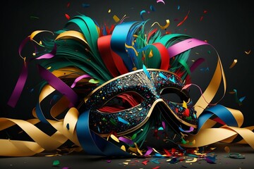 Carnival decoration with mask, confetti and ribbons. Generative AI.