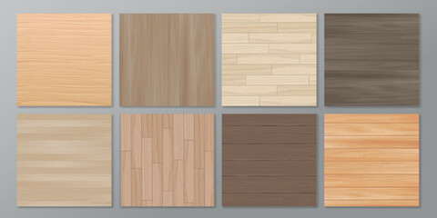 Realistic vector wood background set. Top view isolated wooden table or floor. Brown wood texture with stripes