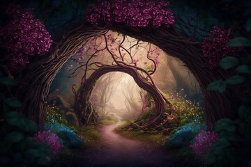 Beautiful archway made of branches and flowers in a magical fantasy forest. Generative AI.