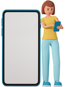 Young woman hold mobile phone and stand near big smartphone 3d illustration.Full body length of adult girl hold smartphone and stand near big cell phone 3d illustration