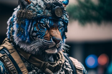 Fototapeta na wymiar Tiger headed soldier by AI Génération 