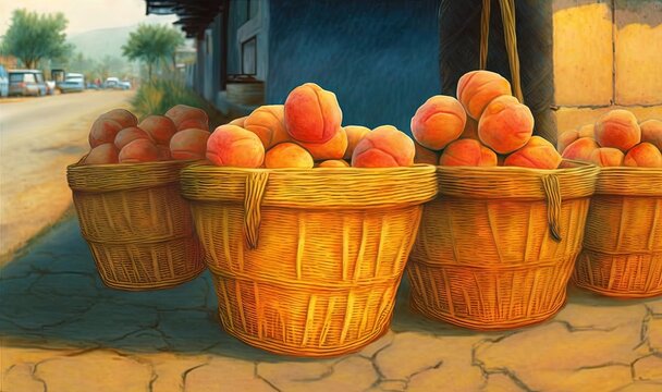  a painting of a basket of peaches on the side of the road.  generative ai