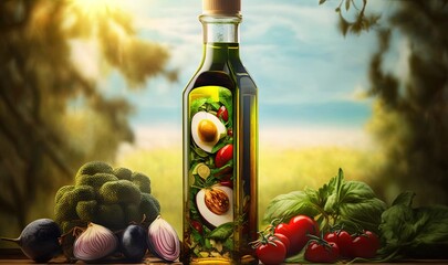  a painting of a bottle of olive oil surrounded by vegetables.  generative ai