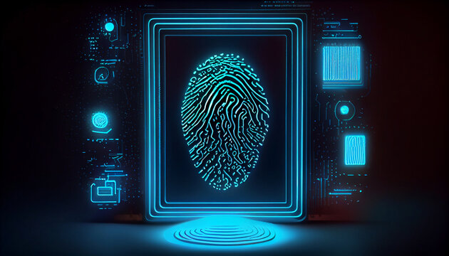 Biometrics identification and cyber security concept. Glowing neon fingerprint on dark background. Generative AI