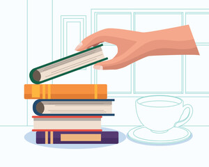 hand with books and coffee