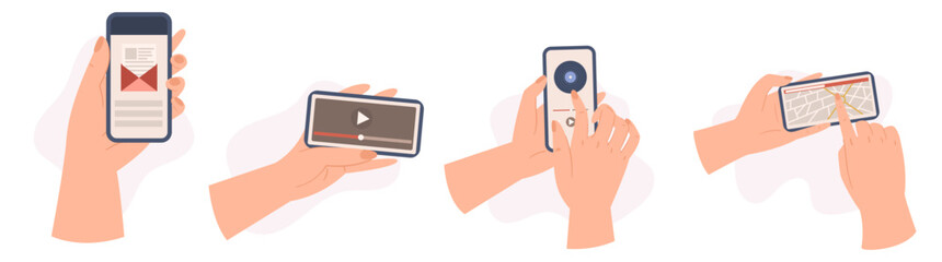 Set Of Hands Holding Mobile Phones Isolated On White Background. Human Palms With Smartphone Push Button