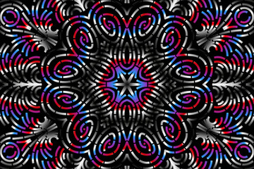 Beautiful caleidoscope symmetrical colourful gradient flowers line art of traditional background batik dayak ornament design template elements
