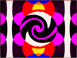 Abstract, Circular Patterns, Shades, and Shapes, set against Black, within a Border