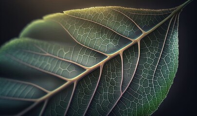 a close up of a green leaf with a black background.  generative ai