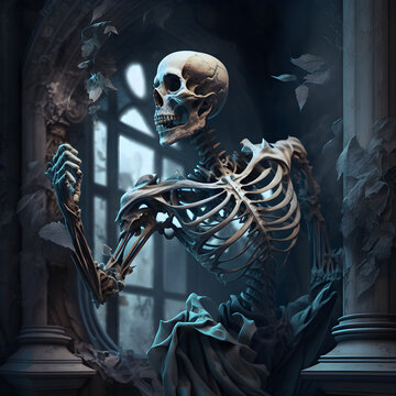 Fantasy skeleton in the window arch. Generative AI