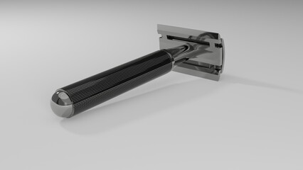 Silver T-shaped shaving razor isolated on white surface. Barber concept. 3D render