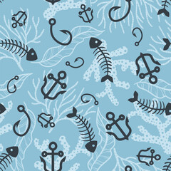Blue Fishing Hooks Nautical Seamless Repeat Vector Pattern