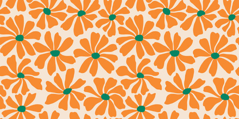 Fototapeta premium Groovy daisy flower seamless pattern. Cute hand drawn floral background.