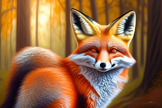 Oil painting artistic image of a magical, intellegent red fox - generative ai