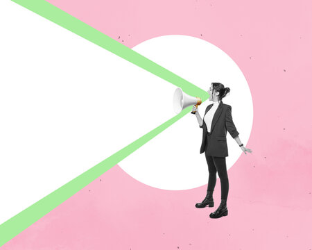 Art collage. A woman with a megaphone. Promotion, action, ad, job questions, discussion. Vacancy. Business concept, communication, information, news, team media relations.