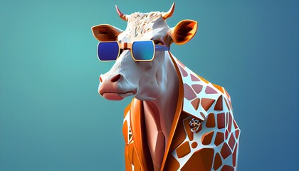 Fashion cow in color suit with sunglasses on a solid color background, vector art, digital art, faceted, minimal, abstract, geometric. Generative AI.