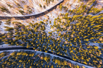 Aerial view of mountain road in Sudety mountains in Poland