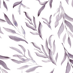 Seamless pattern. Watercolor purple leaves. A set elements on a white background. Tree leaf and branch