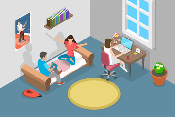 3D Isometric Flat Vector Conceptual Illustration of Student Dormitory, University or College Dorm Room Interior