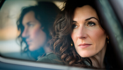 Fototapeta na wymiar couple in car, The serenity of the road: relaxed woman in the backseat, image created with ia