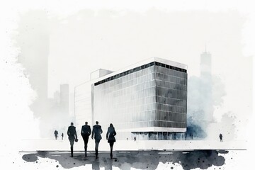 silhouettes of people walking near office building , Watercolor illustration, Generative AI