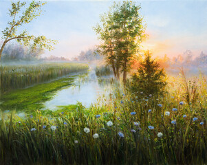Original  oil painting of beautifl  spring landscape,misty sunrise over lake on canvas.Modern Impressionism, modernism,marinism.