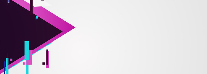 Abstract geometrical neon purple violet cyber glitch metaverse digital web 3 tech horizontal banner design template blank with place for text . Geometrical sci fi shapes