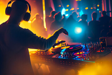 Obraz na płótnie Canvas The Beat Goes On. A Nighttime DJ Set at an EDM Dance Party . Generative AI