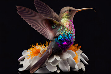  Hummingbird sitting on the flower. Generative AI.