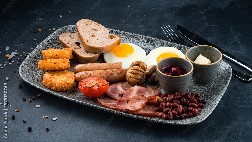 Sticker traditional english breakfast sausages, bacon, fried eggs, beans, mushrooms, butter, bread and cherr