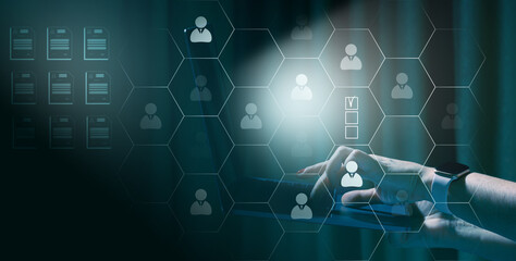 A woman holding a laptop and employee icons, documents, concept of recruitment, remote job interview, resume review.