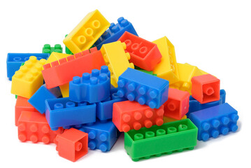 Multi-colored plastic cubes of a children's designer on a white isolated background