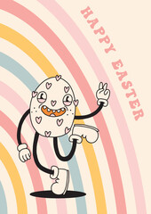 Groovy Happy Easter poster template. Spring character mascot card in retro cartoon style. Cute easter egg, lettering. Hand drawn isolated vector print design