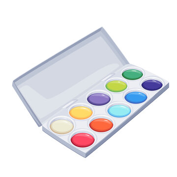 Open box of watercolor paints vector illustration. Cartoon isolated plastic paintbox with round colour palette for creative art workshop of school children, watercolor case of artists and painters