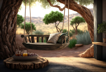 A Tranquil AI-Generated Scene of a Rustic Wooden Wicker Swing Hang on an Old Patio Garden for Relaxing Summer Enjoyment