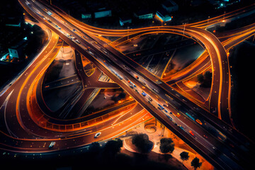 Fototapeta na wymiar Aerial view of massive highway traffic intersection at night. Generative AI