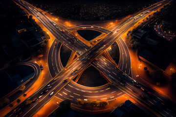 Aerial view of massive highway traffic intersection at night. Generative AI