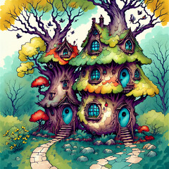 cute colorful forest treehouses story book illustration style