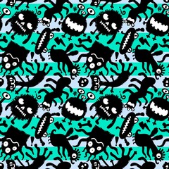 Obraz premium Cartoon monsters seamless emoticons aliens pattern for kids clothes print and wrapping paper and fabrics
