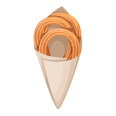 Churros in cone paper bag vector illustration. Cartoon isolated churro sticks in sugar powder cover, group of sweet crunchy traditional cookies of Portuguese and Spanish cuisine and street food